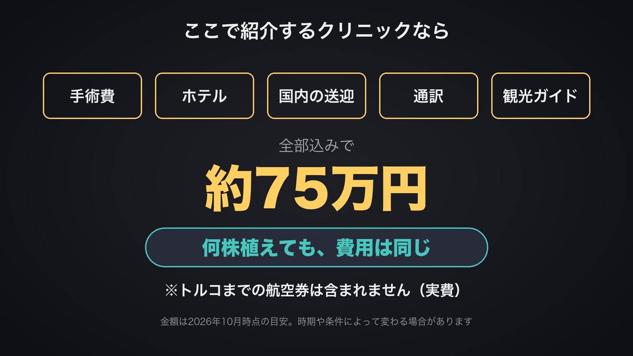 手術費・ホテル・国内の送迎・通訳・観光ガイド込みで約70万円。トルコまでの航空券は含まれません
